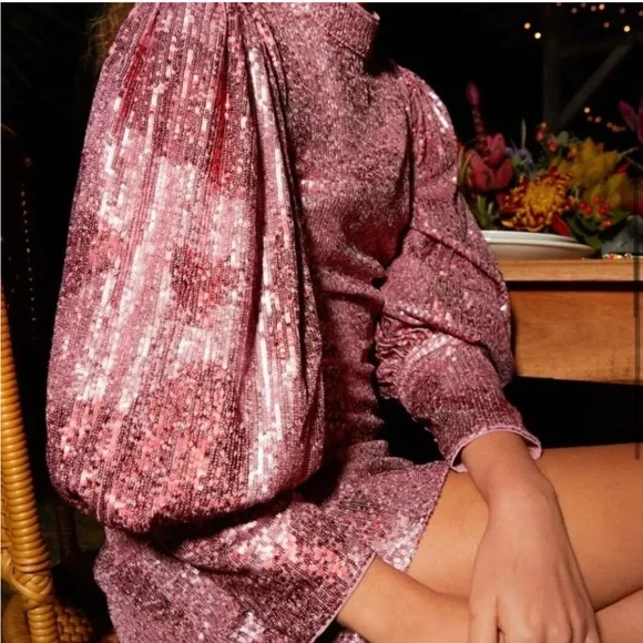 Farm Rio Hearts Sequin Long Puff Sleeve Mini Dress Sz M NWT - Picture 3 of 16